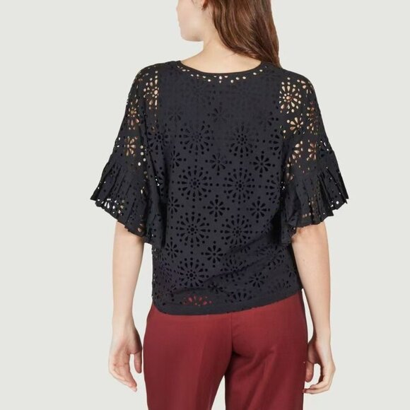 $428 NWOT See by Chloé Eyelet Top Lasercut Perforated Blouse Size 34 Black - Picture 2 of 14